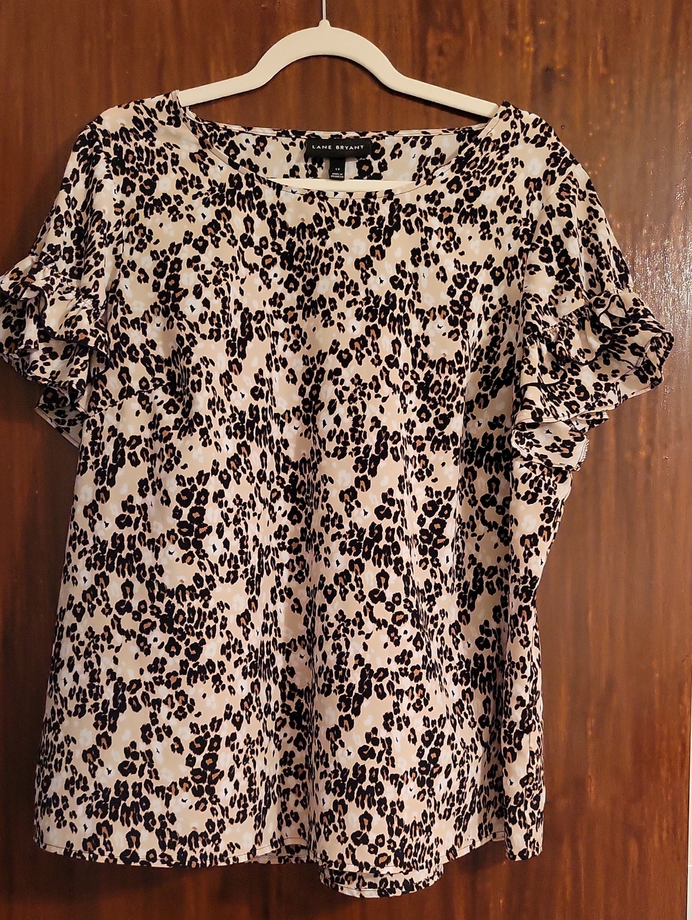 Lane Bryant Beige and Brown Leopard Ruffle Sleeve Blouse